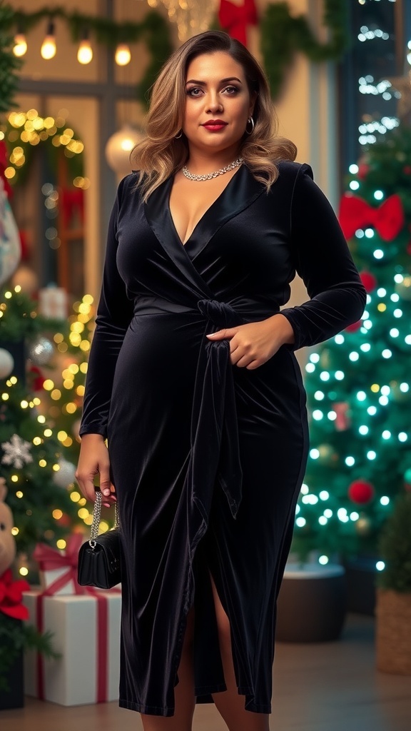 Plus size model in a burgundy velvet wrap dress at a Christmas party with festive decor.